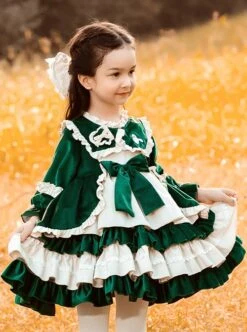 Green Velvet Princess Dress Stitching Lantern Sleeves Autumn Winter Classic Lolita Kids Long-Sleeved Dress -NAUS Lolita Shop 3 500x672 1208