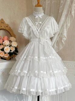 Solid Color Translucent V-Neck Design Bow-Knot Multi-Layer Lace Hem Elegant Classic Lolita Short Sleeve Dress -NAUS Lolita Shop 3 500x672 121