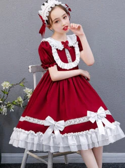 White Lace Doll Collar Wine Red Pure Color Children Lolita Short Sleeve Dress -NAUS Lolita Shop 3 500x672 1212