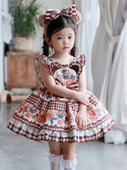 Little Bear Print Stripe Bow Check Print Classic Lolita Kids Sleeveless Dress -NAUS Lolita Shop 3 500x672 1214