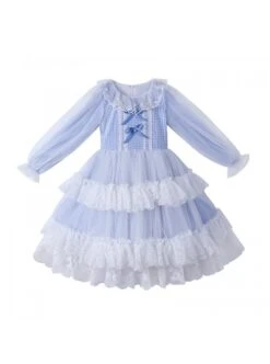 Bowknot White Tulle Lace Children Sweet Lolita Kids Plaid Long Sleeve Dress -NAUS Lolita Shop 3 500x672 1216
