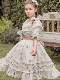 Pleated Ruffle Trim Pink Flower Print Decoration Straps Bow Children Lolita Kids Short Sleeves Dress -NAUS Lolita Shop 3 500x672 1225