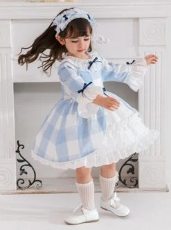 Blue And White Plaid Design Cute Pleated Ruffle Trim Bow Knots Classic Lolita Long Sleeve Kid Dress -NAUS Lolita Shop 3 500x672 1226