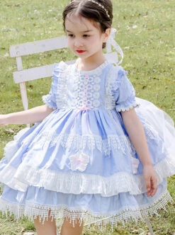 White Lace Tassel Hem Kids Sweet Lolita Blue Short Sleeve Dress -NAUS Lolita Shop 3 500x672 1228