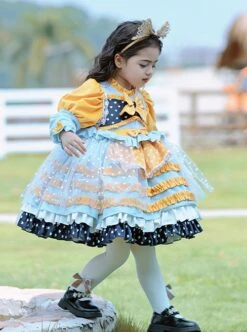 Yellow-Blue Stitching Heart Polka Dots Lace Puff Sleeves Velvet Ruffles Classic Lolita Bow Kids Long-Sleeved Dress -NAUS Lolita Shop 3 500x672 1232