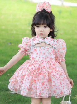 Floral Stand Collar Hollow Design Puff Sleeves Pink Sweet Lolita Kids Short-Sleeved Dress -NAUS Lolita Shop 3 500x672 1234