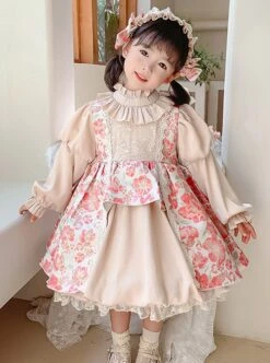 Stand Collar Spring Autumn Flower Print Court Style Puff Sleeves Big Bow-Knot Sweet Lolita Kids Long-Sleeved Dress -NAUS Lolita Shop 3 500x672 1235