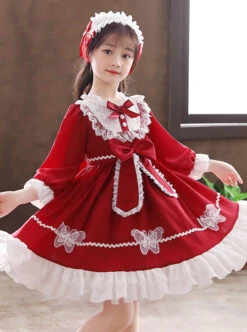 White Lace Pure Color Big Bowknot Children Sweet Lolita Kids Long Sleeve Dress -NAUS Lolita Shop 3 500x672 1237
