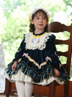 Dark Blue Embroidered Lace Ruffle Irregular Hem Design Bow Decorated Classic Lolita Kids Long Sleeve Dress -NAUS Lolita Shop 3 500x672 1238
