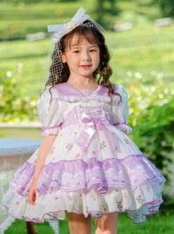 Purple Lapel Broken Flowers Lace Puff Sleeve Princess Dress Sweet Lolita Kids Short-Sleeved Dress -NAUS Lolita Shop 3 500x672 1239