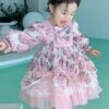 Spring Sweet Lolita Floral Lantern Sleeve Petal Lace Ruffle Hem Kids Long Sleeve Dress