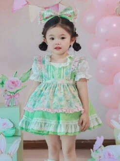 Green Strawberry Series Summer Lace Collar Strawberry Print Cute Green Polka Dot Lace Sweet Lolita Kids Short-Sleeved Dress -NAUS Lolita Shop 3 500x672 1247