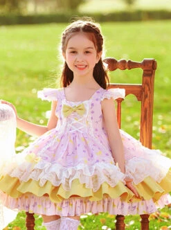 Yellow Bow Knots Decoration Hem Layered Ruffles Cute Purple Graphic Print Classic Lolita Kid Sleeveless Dress -NAUS Lolita Shop 3 500x672 1250