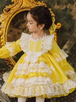 White Lace Stitching Lantern Sleeve Cute Yellow Princess Dress Spring Autumn Classic Lolita Kids Long-Sleeved Dress -NAUS Lolita Shop 3 500x672 1255