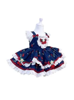 Retro Navy Blue Contrasting Colors Cherry Red Doll Bowknot Cute Lace Sweet Lolita Sleeveless Princess Kid Dress JSK -NAUS Lolita Shop 3 500x672 1256