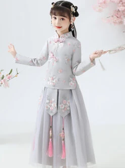 Children Elegant Flower Embroidery Gray Long Sleeve Chinese Style Long Dress -NAUS Lolita Shop 3 500x672 1260