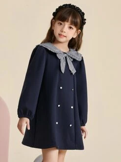 College Style Plaid Bowknot Lapel Double Breasted Fashion Warm School Lolita Kids Long Sleeve Dress -NAUS Lolita Shop 3 500x672 1263
