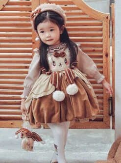 Little Bear Coco Series Autumn Winter Warm Caramel Color Little Bear Embroidered Pom Ball Decoration Sweet Lolita Kids Sleeveless Dress -NAUS Lolita Shop 3 500x672 1269