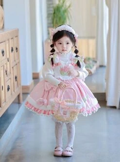 Plush Tulip Pattern Decoration Polka-Dot Hem Pleated Bow Knot Classic Lolita Pink Cute Suspender Dress -NAUS Lolita Shop 3 500x672 1271