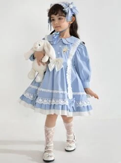 Blue Lovely Petal Collar Embroidered Pleated Ruffle Lace Lantern Sleeve Bow Classic Lolita Kids Long Sleeve Dress -NAUS Lolita Shop 3 500x672 1274