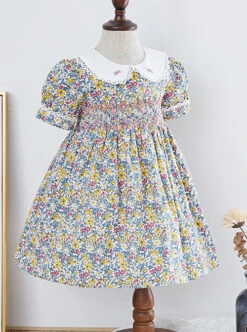 Pleated Hand-Embroidered Flower Decoration Cute Doll Neckline Short Sleeve Kid Floral Dress -NAUS Lolita Shop 3 500x672 1276