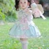 Cute Bear Pattern Print Plush Ball Crinkled Bow Trim Irregular Hem Sweet Lolita Kid Princess Slip Dress