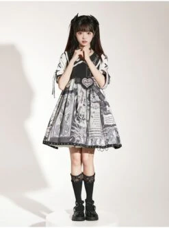 Little Tengu Series OP Doll Collar Printing Black Cute Gothic Lolita Short Sleeve Dress -NAUS Lolita Shop 3 500x672 128