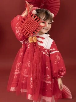 Red Chinese Style Cherry Blossom Magpie Print Lantern Sleeve Stitching Fake Two-Piece Classic Lolita Long-Sleeved Dress -NAUS Lolita Shop 3 500x672 1282