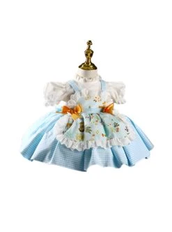 Lace Round Neck Broken Flowers Apron Cute Puff Sleeve Blue Plaid Little Maid Sweet Lolita Kids Short-Sleeved Dress -NAUS Lolita Shop 3 500x672 1284