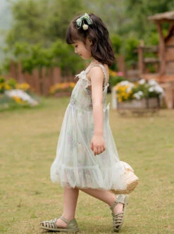 Summer Fresh And Cute Floral Rabbit Pattern Print Crinkled Tulle Trim Bow Knot Pearl Classic Lolita Kid Long Slip Dress -NAUS Lolita Shop 3 500x672 1287