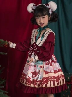 Christmas Little Bear Series Cute Christmas Little Bear Print Ribbon Lantern Sleeves Lace Bow Ruffle Hem Classic Lolita Kids Long Sleeve Dress -NAUS Lolita Shop 3 500x672 1288