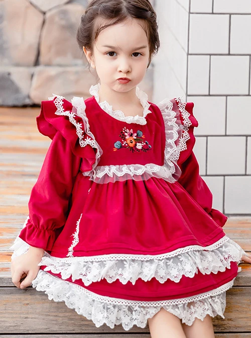 White Lace Red Velour Embroidery Kids Classic Lolita Long Sleeve Dress 3 White Lace Red Velour Embroidery Kids Classic Lolita Long Sleeve Dress - Image 3