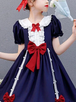 Snow White Children Classic Lolita Red Bowknot Navy Blue Short Sleeve Dress -NAUS Lolita Shop 3 500x672 1292