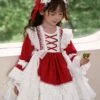 White Lace Gorgeous Palace Princess Dress Stitching Lantern Sleeves Spring Autumn Wine Red Classic Lolita Kids Long-Sleeved Dress