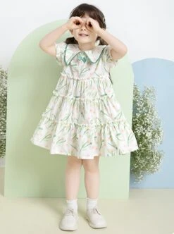 Classic Lolita Floral Flower Print Folds Decoration Square Lapel Bow Design Green Kid Short Sleeve Dress -NAUS Lolita Shop 3 500x672 1299