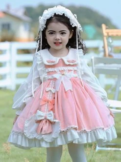 Pink-White Velvet Round Neck Bow Lace Stitching Lantern Sleeves Lotus Leaf Cute Sweet Lolita Kids Autumn Winter Long-Sleeved Dress -NAUS Lolita Shop 3 500x672 1304