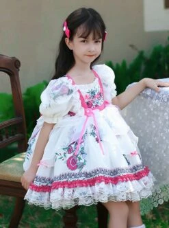 Retro Court Flowers Leaf Square Collar Elegant White Lace Ruffles Classic Lolita Kid Puff Sleeves Girl Dress -NAUS Lolita Shop 3 500x672 1305