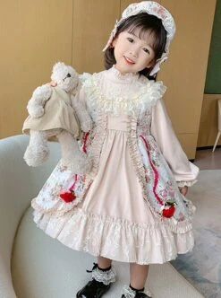 Red Rose Print Lace Decoration Stand Collar Lantern Sleeve Sweet Lolita Kids Long Sleeve Dress -NAUS Lolita Shop 3 500x672 1308