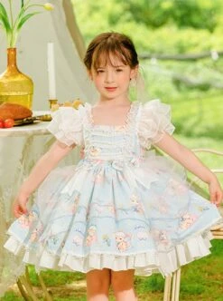 Summer Light Blue Princess Chiffon Lace Puff Sleeves Bowknot Bunny Print Sweet Lolita Kids Sleeveless Dress -NAUS Lolita Shop 3 500x672 1310