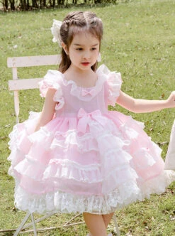 White Lace Pink Pure Color Children Sweet Lolita Sleeveless Cake Dress -NAUS Lolita Shop 3 500x672 1314