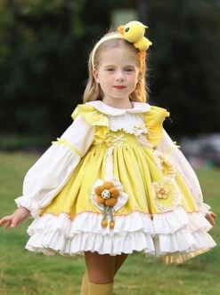 Daisy Yellow Asymmetrical 3D Flower Decoration Round Neck Vitality Sweet Lolita Kid Cute Fluffy Princess Dress -NAUS Lolita Shop 3 500x672 1315