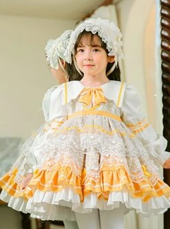 Yellow White Lapel Stitching Floral Lace Lantern Sleeve Princess Dress Autumn Classic Lolita Kids Long-Sleeved Dress -NAUS Lolita Shop 3 500x672 1318