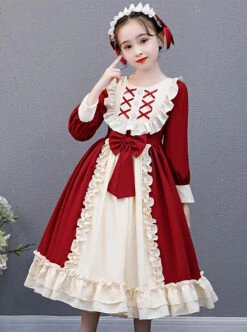 Red And Apricot Splicing Ruffled Children Classic Lolita Long Sleeve Dress -NAUS Lolita Shop 3 500x672 1321