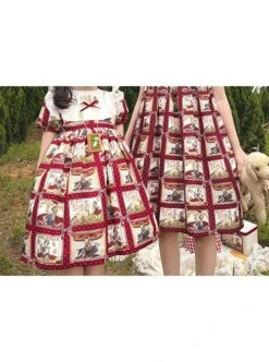 Retro Red Plaid Cartoon Animation Print Decoration Cute Doll Neckline Pleated Puff Cuffs Kids Classic Lolita Dress -NAUS Lolita Shop 3 500x672 1324