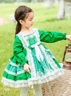 Green Fresh Spring Autumn Flower Lace Square Neck Classic Lolita Kids Long-Sleeved Dress -NAUS Lolita Shop 3 500x672 1328