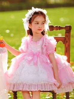 Pink Round Neck Tie Lace Fairy Ribbon Bow-Knot Sweet Lolita Kids Short-Sleeved Dress -NAUS Lolita Shop 3 500x672 1329