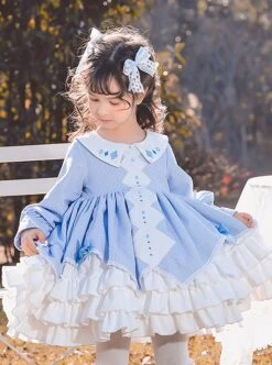 Blue Plaid Lace Multilayer Ruffle Hem Simple Design Classic Lolita Kids Long Sleeve Dress -NAUS Lolita Shop 3 500x672 1332