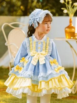 Yellow Blue White Color Matching Lantern Sleeves Ruffle Hem Bow-Knot Decoration Spring Autumn Princess Dress Classic Lolita Kids Long-Sleeved Dress -NAUS Lolita Shop 3 500x672 1333
