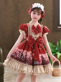 Cute Little Bear Printing Bowknot Children Sweet Lolita Wine Red Kids Short Sleeve Dress -NAUS Lolita Shop 3 500x672 1336