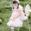 Cute Lotus Leaf Collar Pink Bow Decoration Double Pleated Hem Children Lolita Kids Puff Sleeve Dress